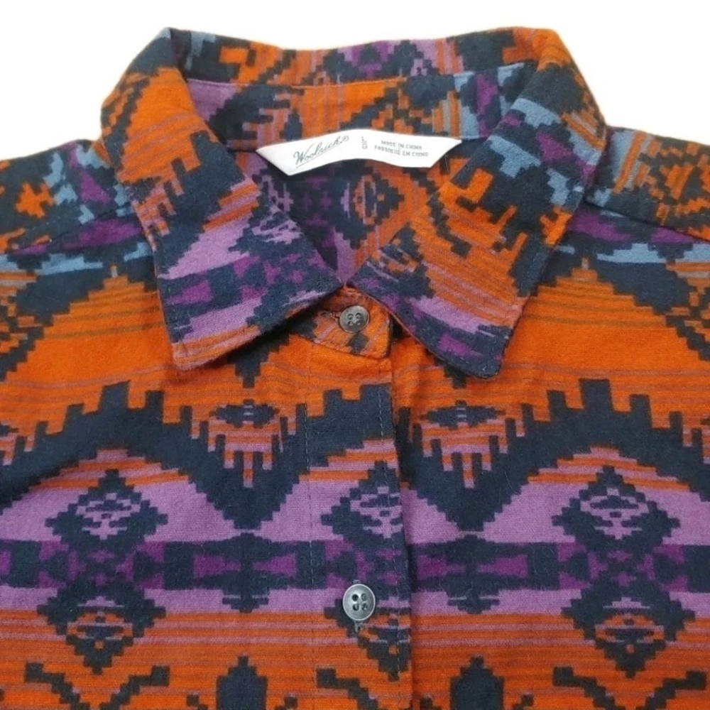 Woolrich Keystone Flannel Shirt Woman Large Orange Aztec Southwestern Button Nwt